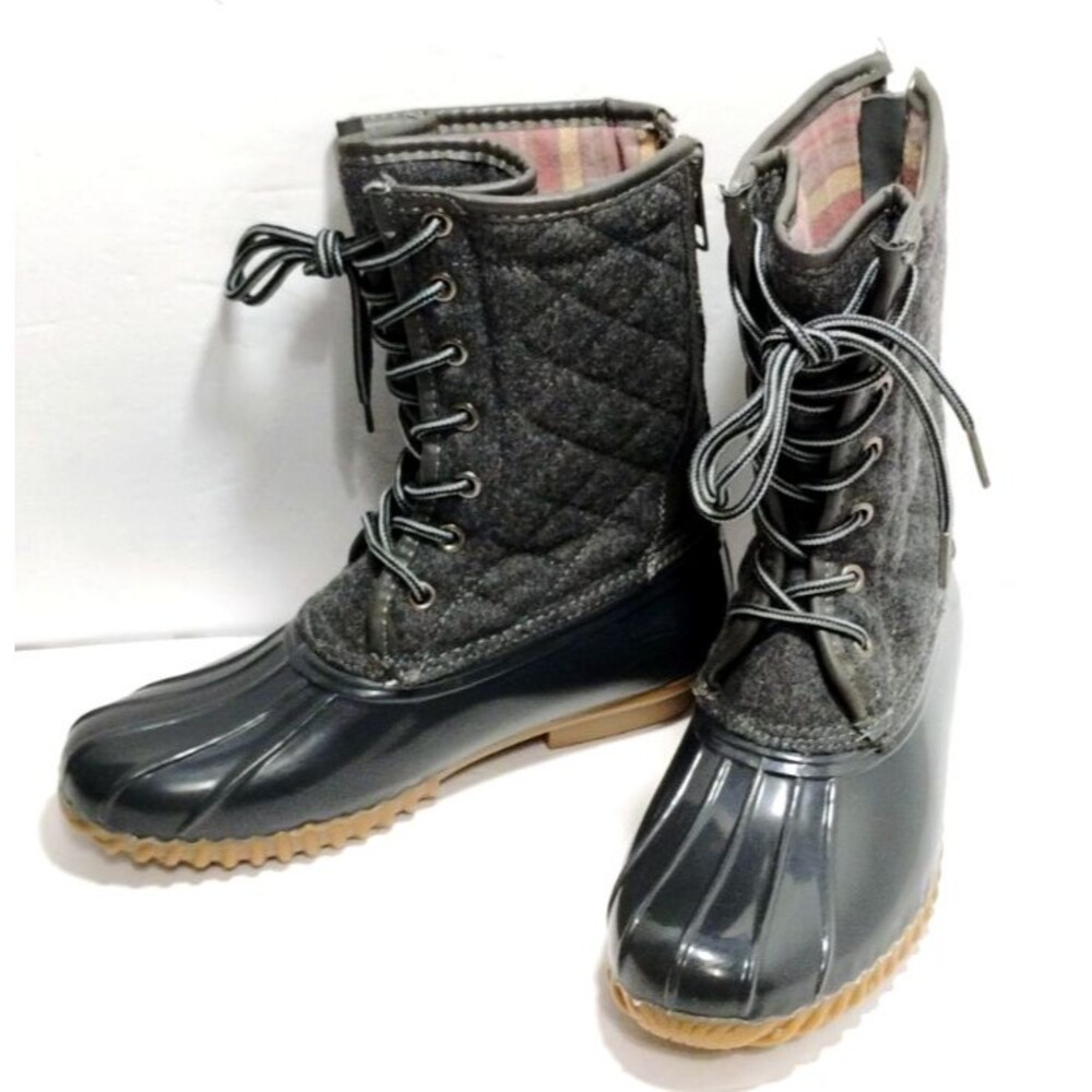 Madden Girl Frolic Duck Boots Womens 7M Gray Fabric Rubber Zip Boots